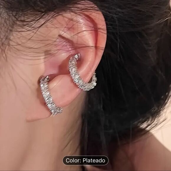 Ear Cuffs, Women's Earrings, 2 pieces with shiny rhinestones Silver or Gold Tone - Picture 8 of 8